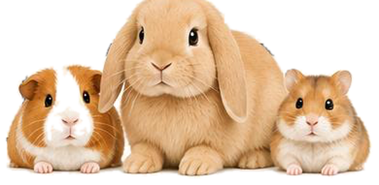 A guinea pig, a lop-eared rabbit and a hamster sitting together
